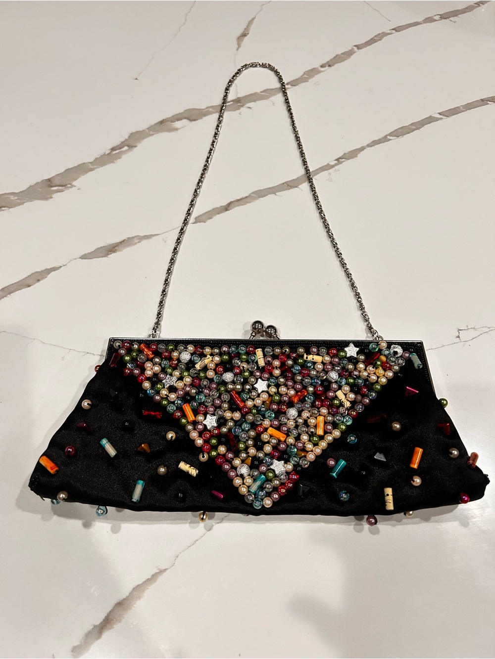Black Beaded Evening Clutch with Multicolor Accents